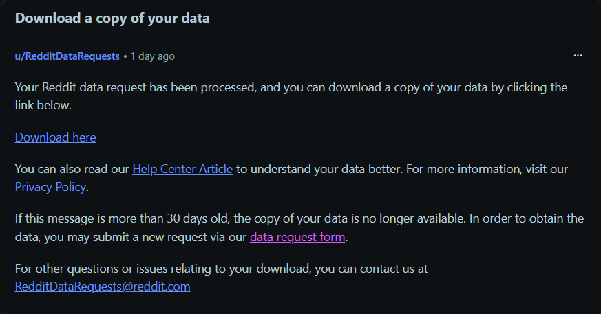 Download link inside the reddit message