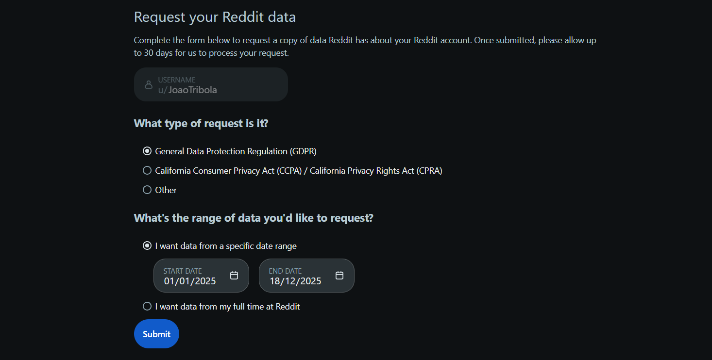 Reddit Data Request Settings showing GDPR selection